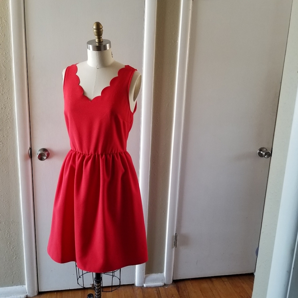 Scalloped V-Neck knee-length Dress